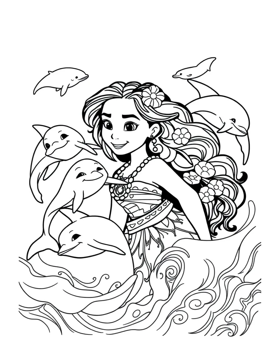 Moana surrounded by playful dolphins, swimming in the ocean.