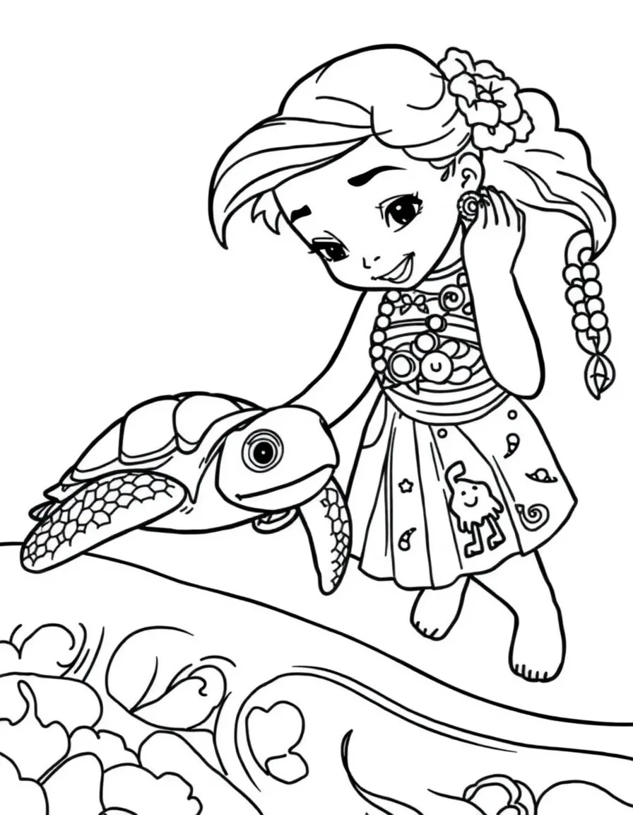 Moana helping a baby sea turtle find its way to the ocean.