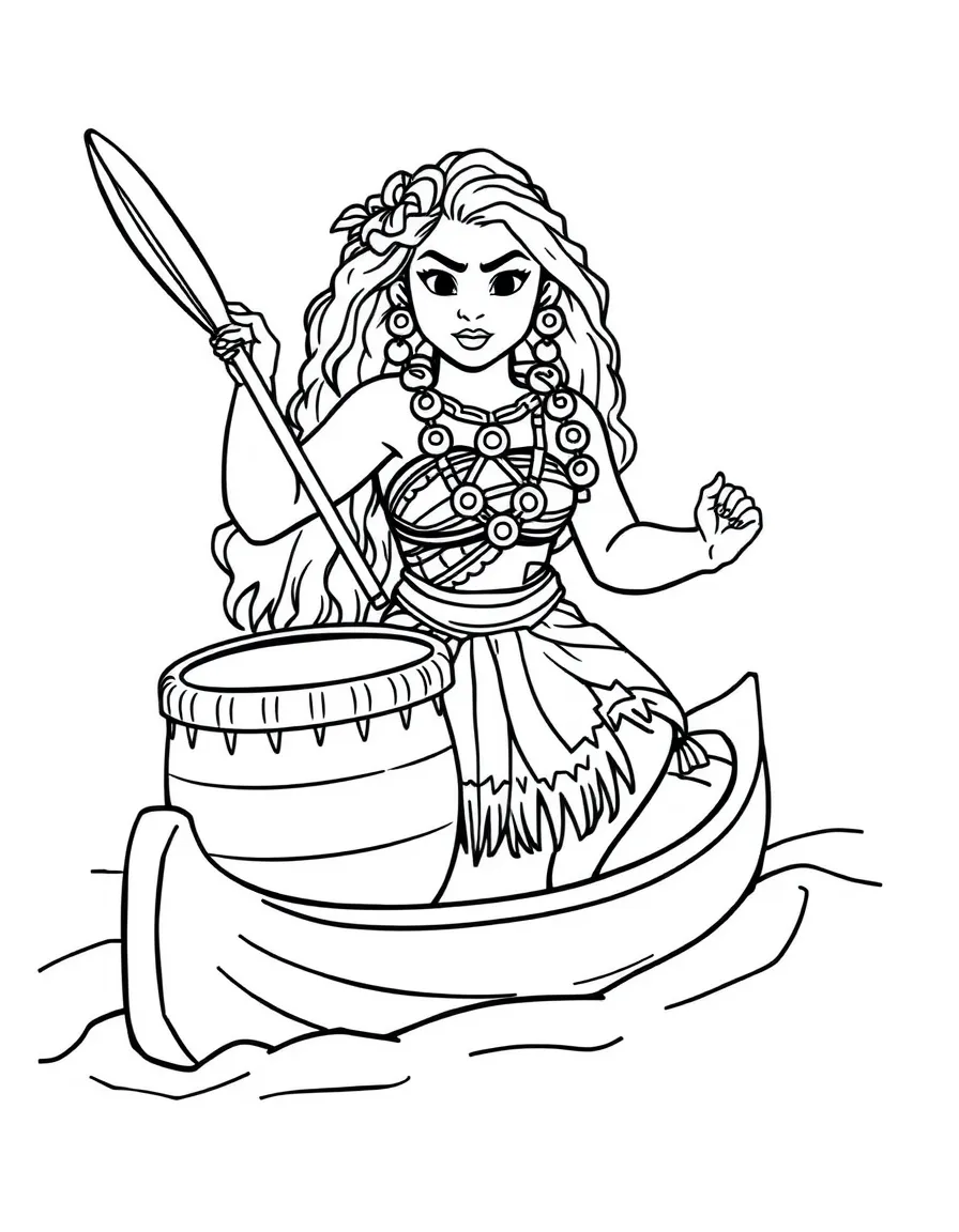 Moana drumming on her canoe, looking strong and focused.