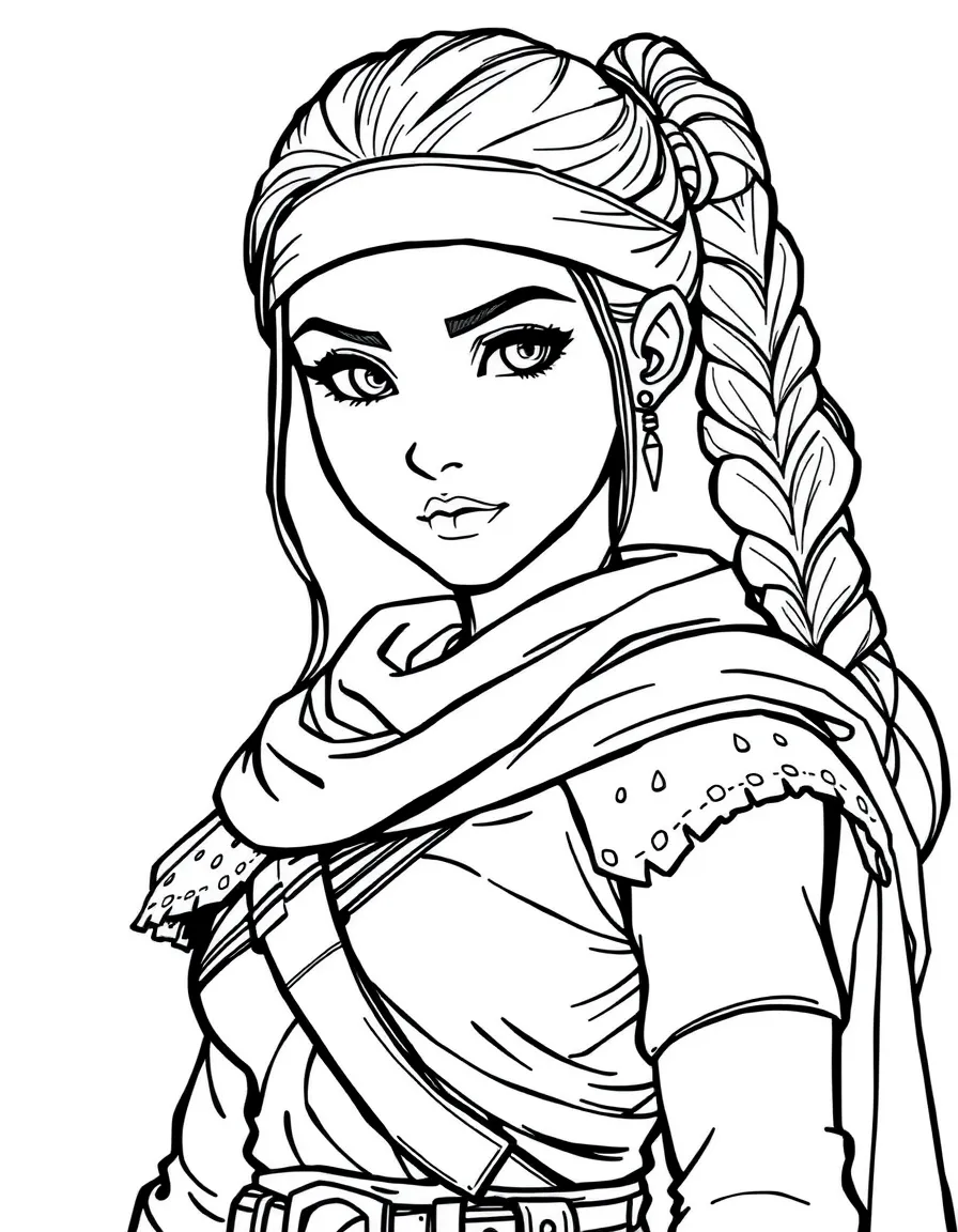 Raya wearing her warrior outfit, with her hair tied up.