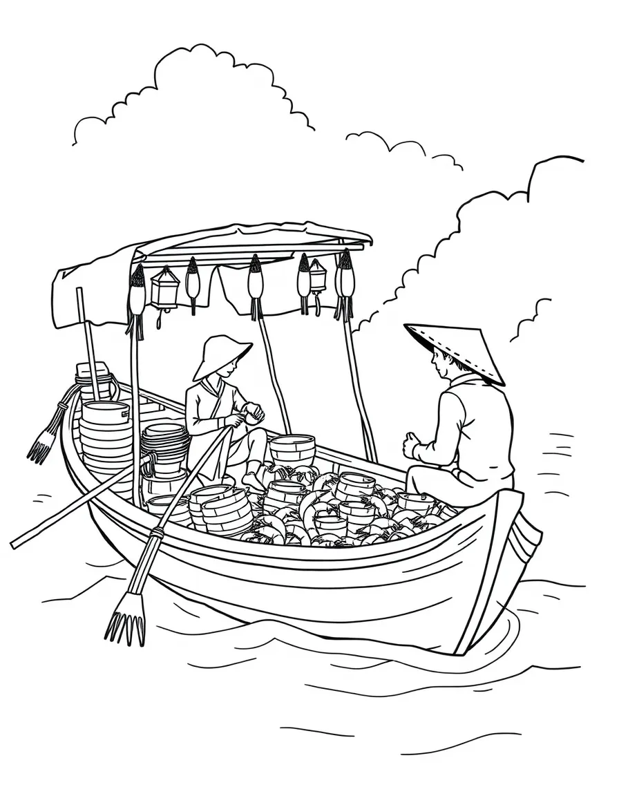 Raya and Boun on his boat, selling shrimp to travelers.