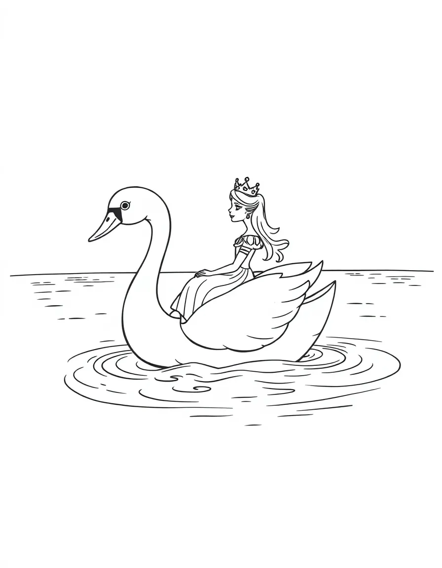 A princess on a swan boat, gliding across a shimmering lake.