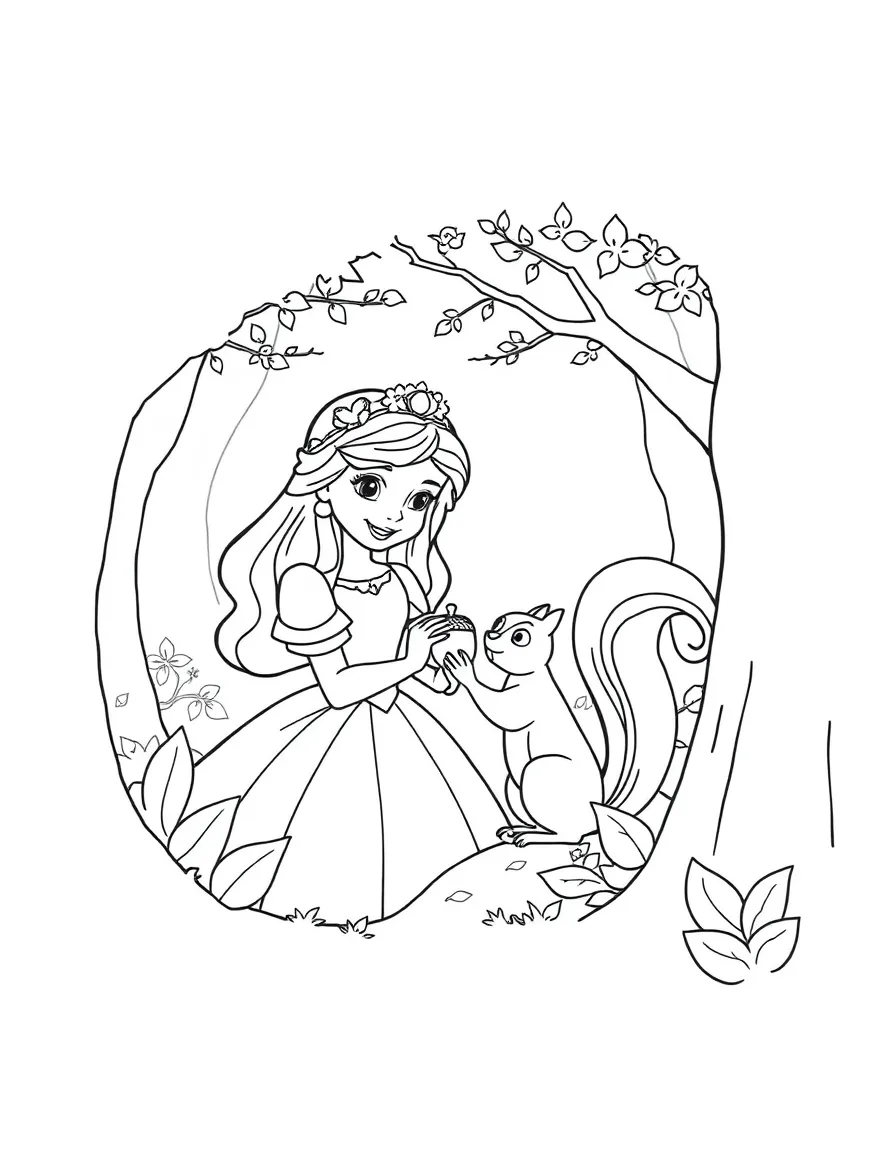 A princess with a pet squirrel, sharing an acorn in the forest.