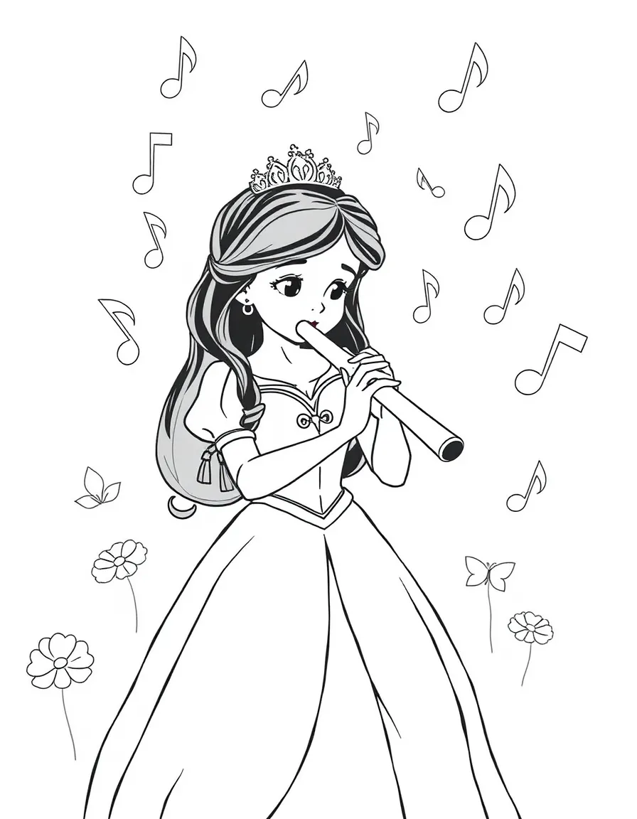 A princess learning to play the flute, with musical notes floating around her.