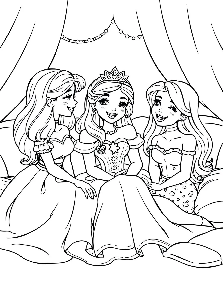 A princess having a slumber party with her best friends, giggling.