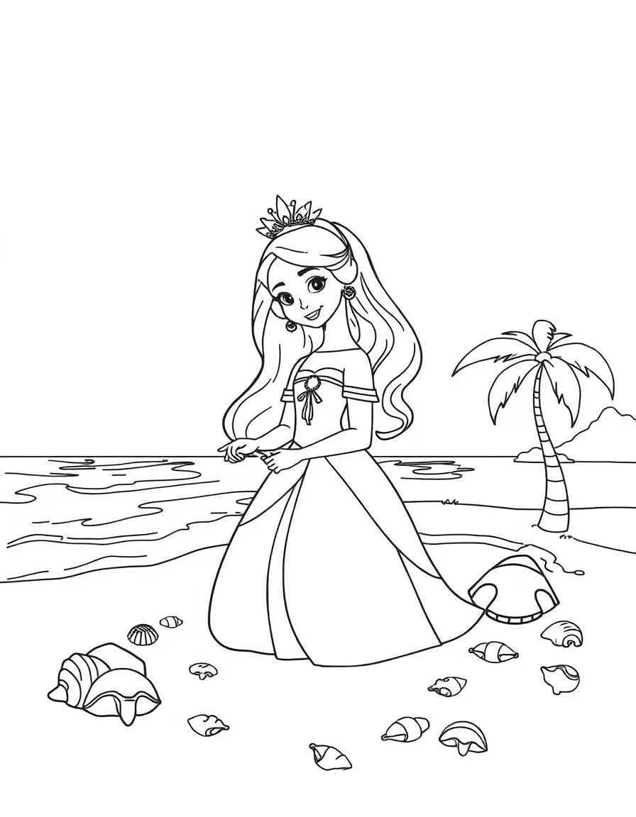 A princess collecting seashells on a tropical beach, with palm trees.