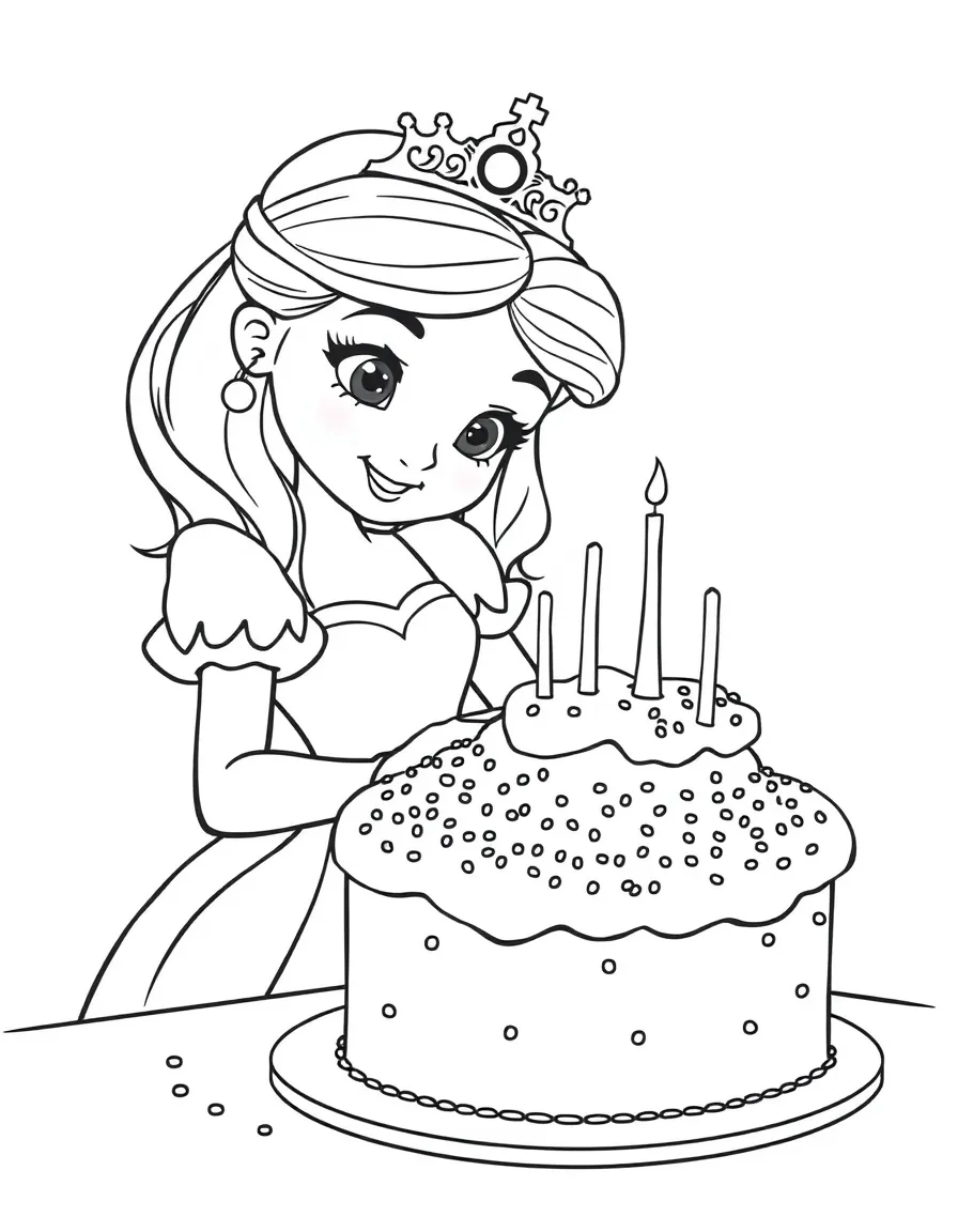 A princess making a delicious cake, covered in frosting and sprinkles.