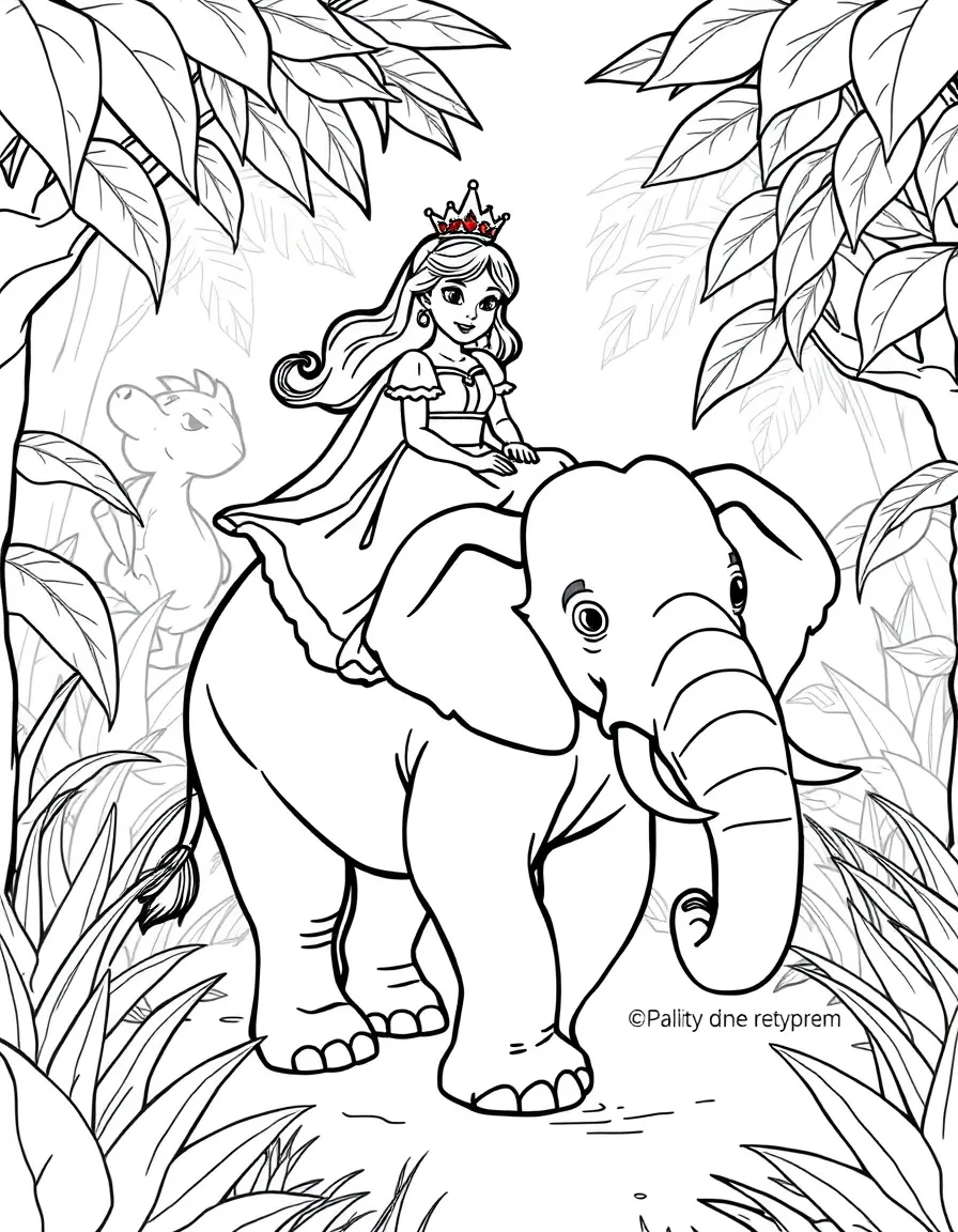 A princess riding a friendly elephant through a jungle.