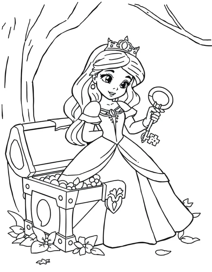 A princess with a magical key, opening a hidden treasure chest.