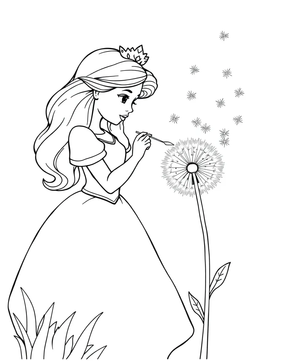 A princess making a wish on a dandelion puff, blowing it away.
