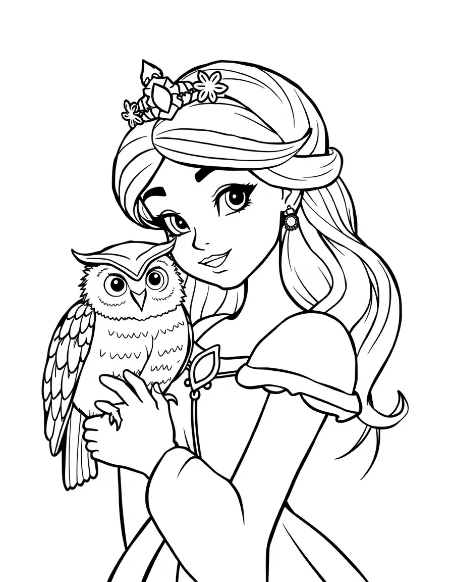 A princess with a pet owl, perched on her arm, looking wise.