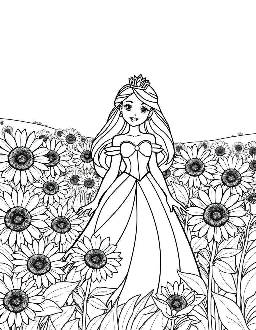 A princess in a field of sunflowers, looking joyful and bright.