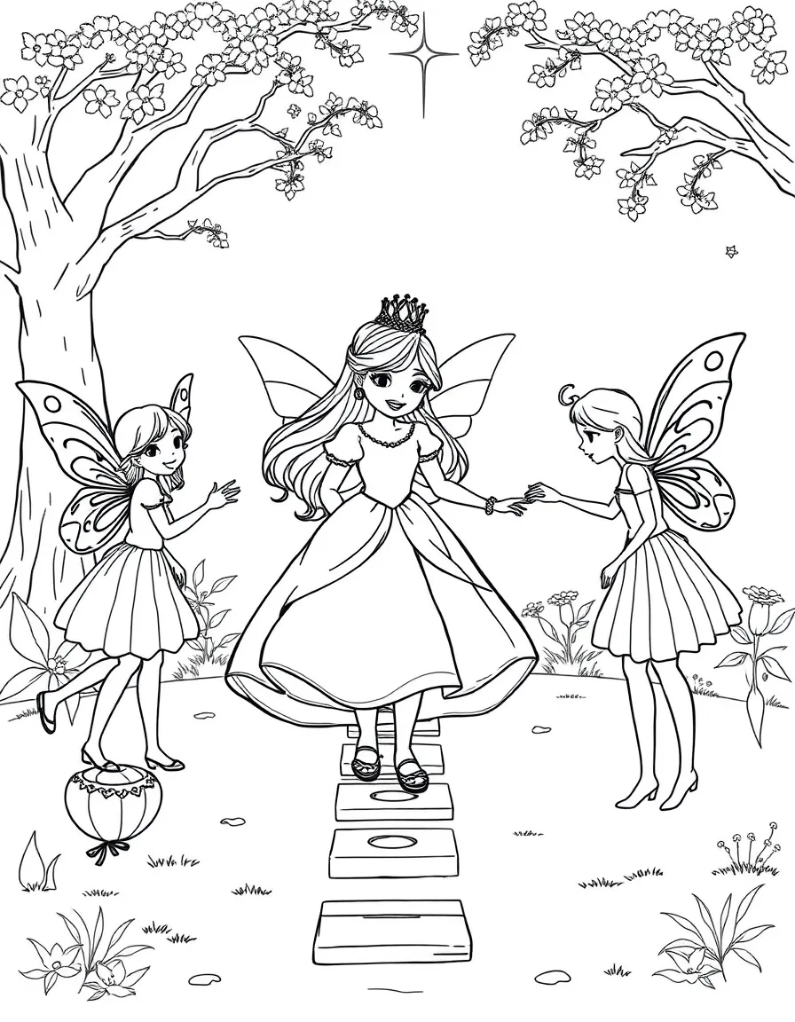 A princess playing hopscotch with her fairy friends.