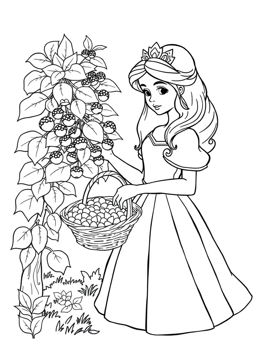 A princess with a basket of berries, picking them from a bush.