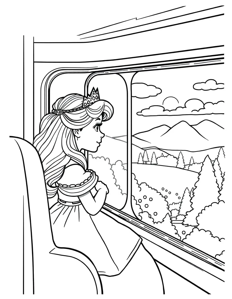 A princess on a train, looking out the window at passing scenery.