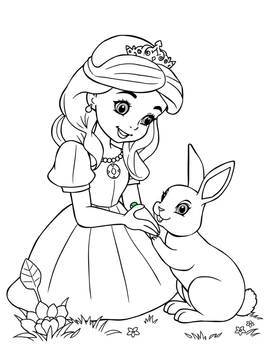 A princess with a pet rabbit, giving it a carrot.