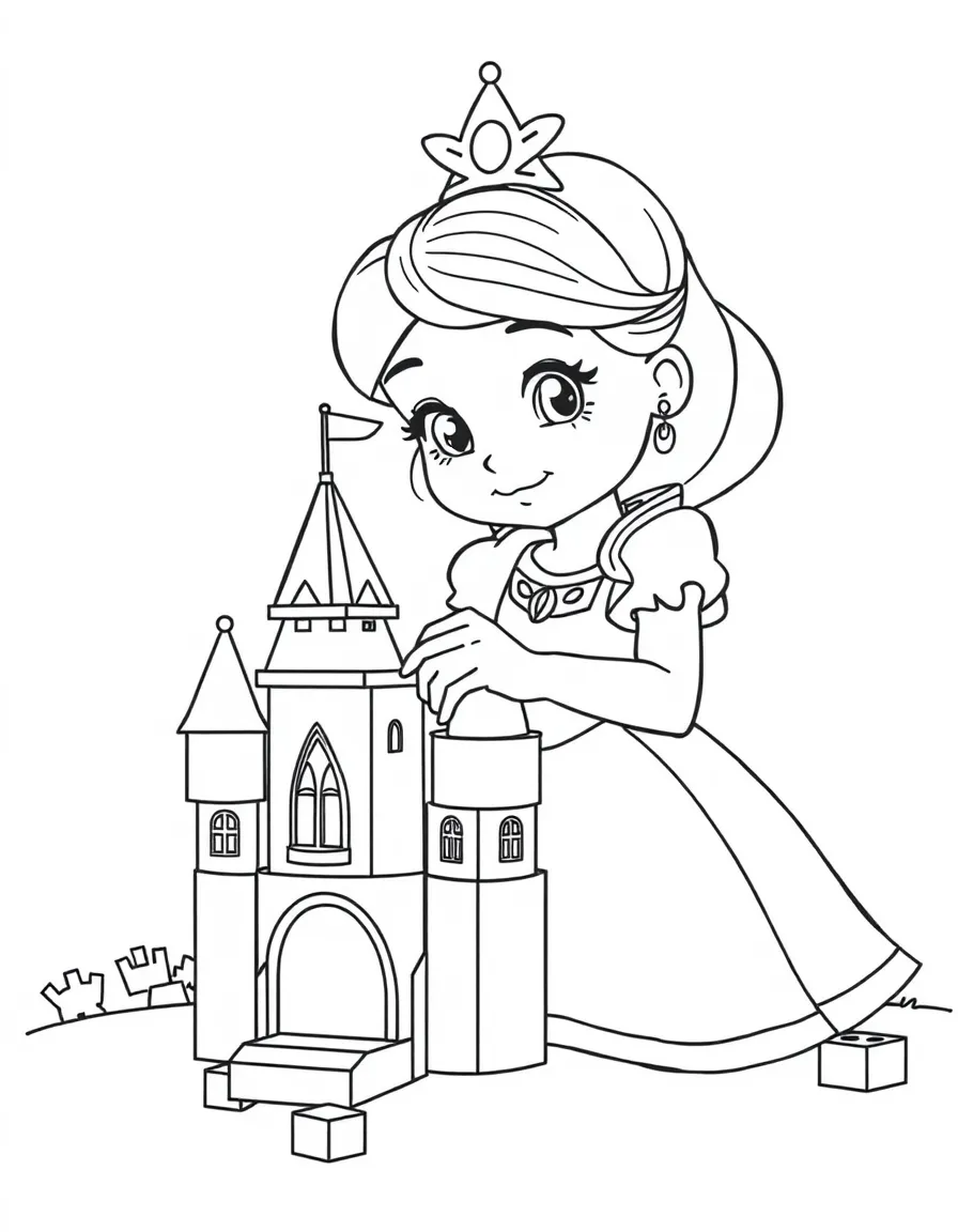 A princess building a miniature castle with toy blocks.