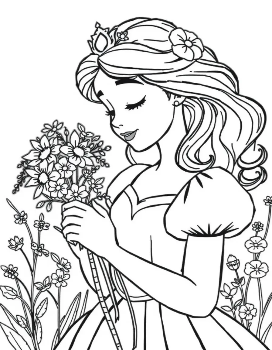 A princess holding a bouquet of wildflowers, smelling their sweet scent.