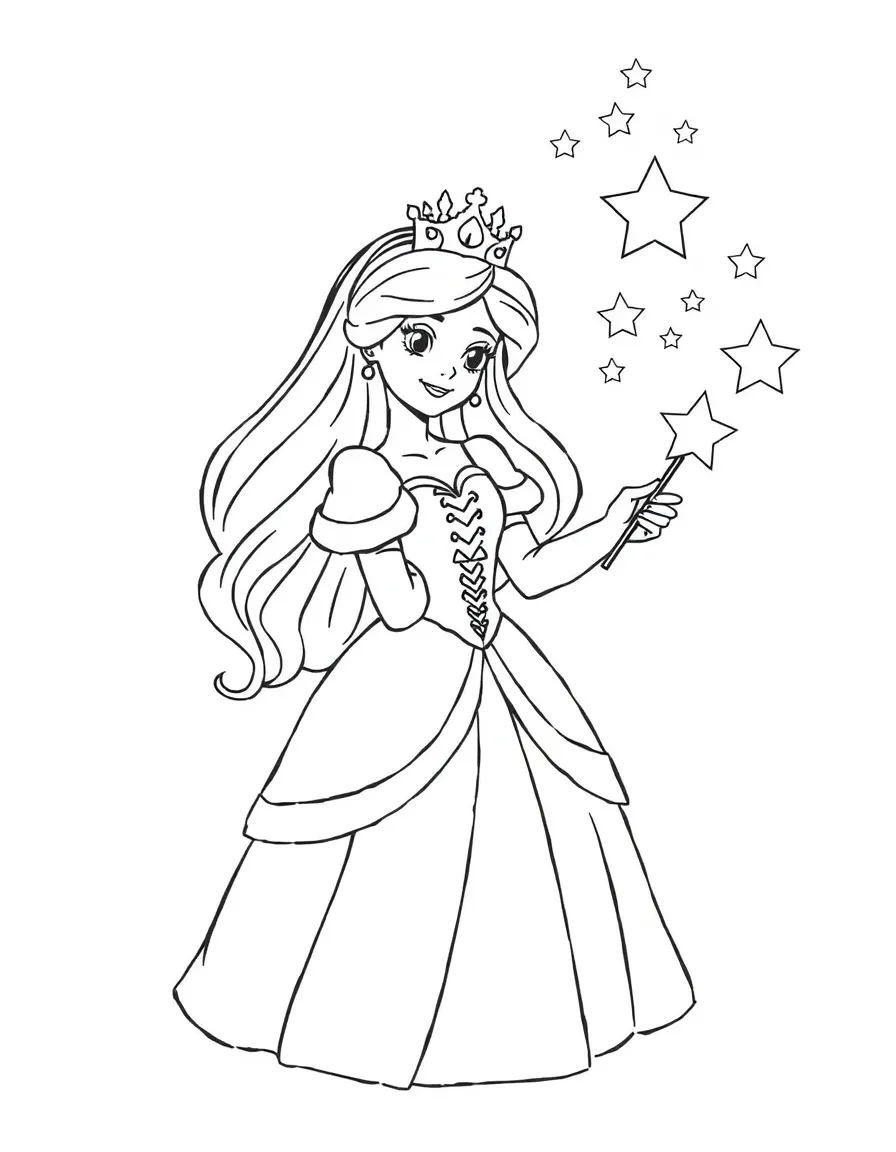 A princess with a magic wand, making stars appear.