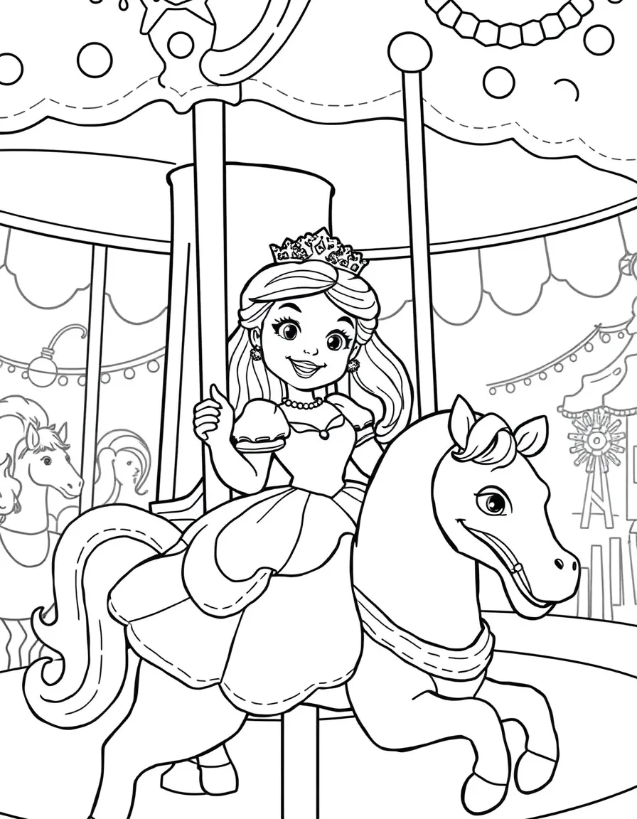 A princess at a carnival, riding a carousel with a big smile.