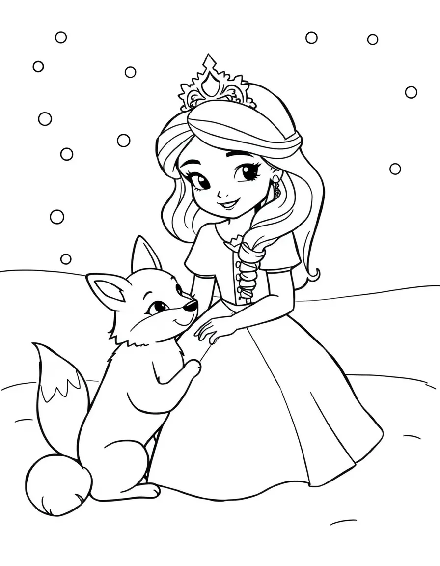 A princess with a pet fox, playing in the snow.