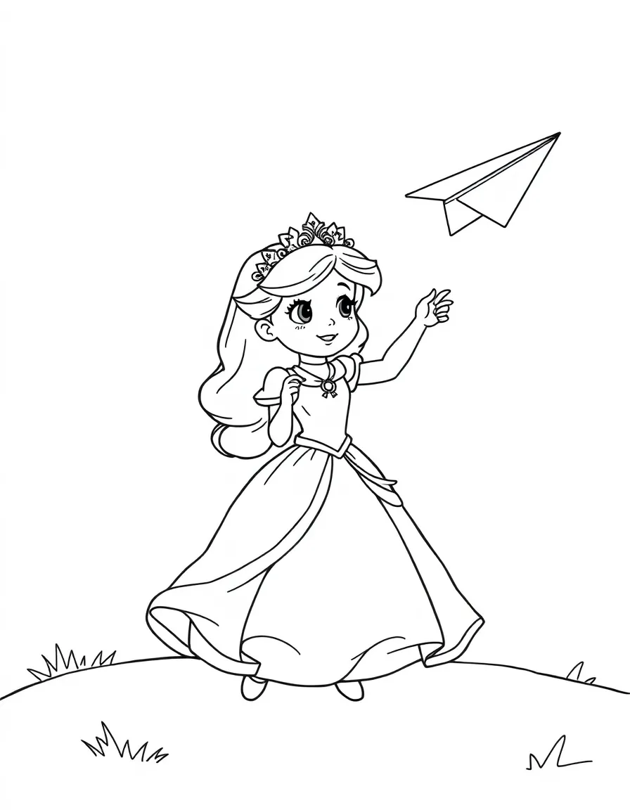 A princess making a paper airplane and sending it flying.