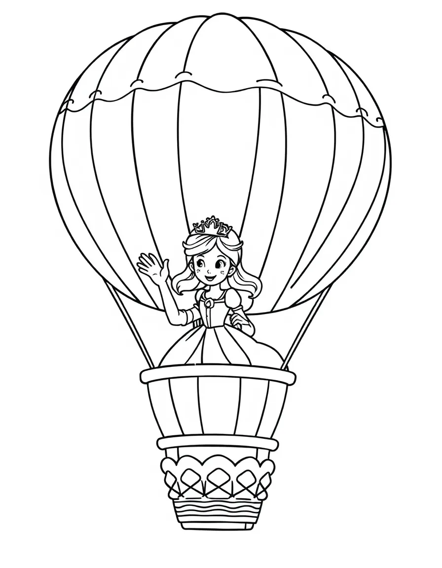 A princess in a hot air balloon, waving from the basket.