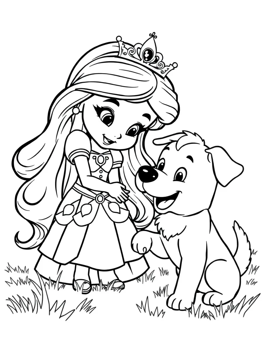 A princess playing fetch with a happy puppy.