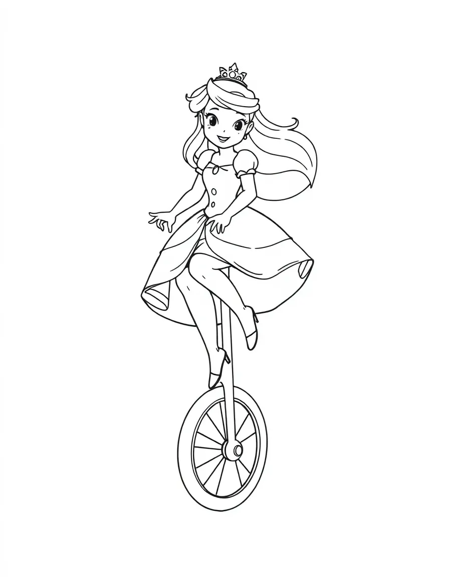 A princess on a unicycle, balancing carefully.