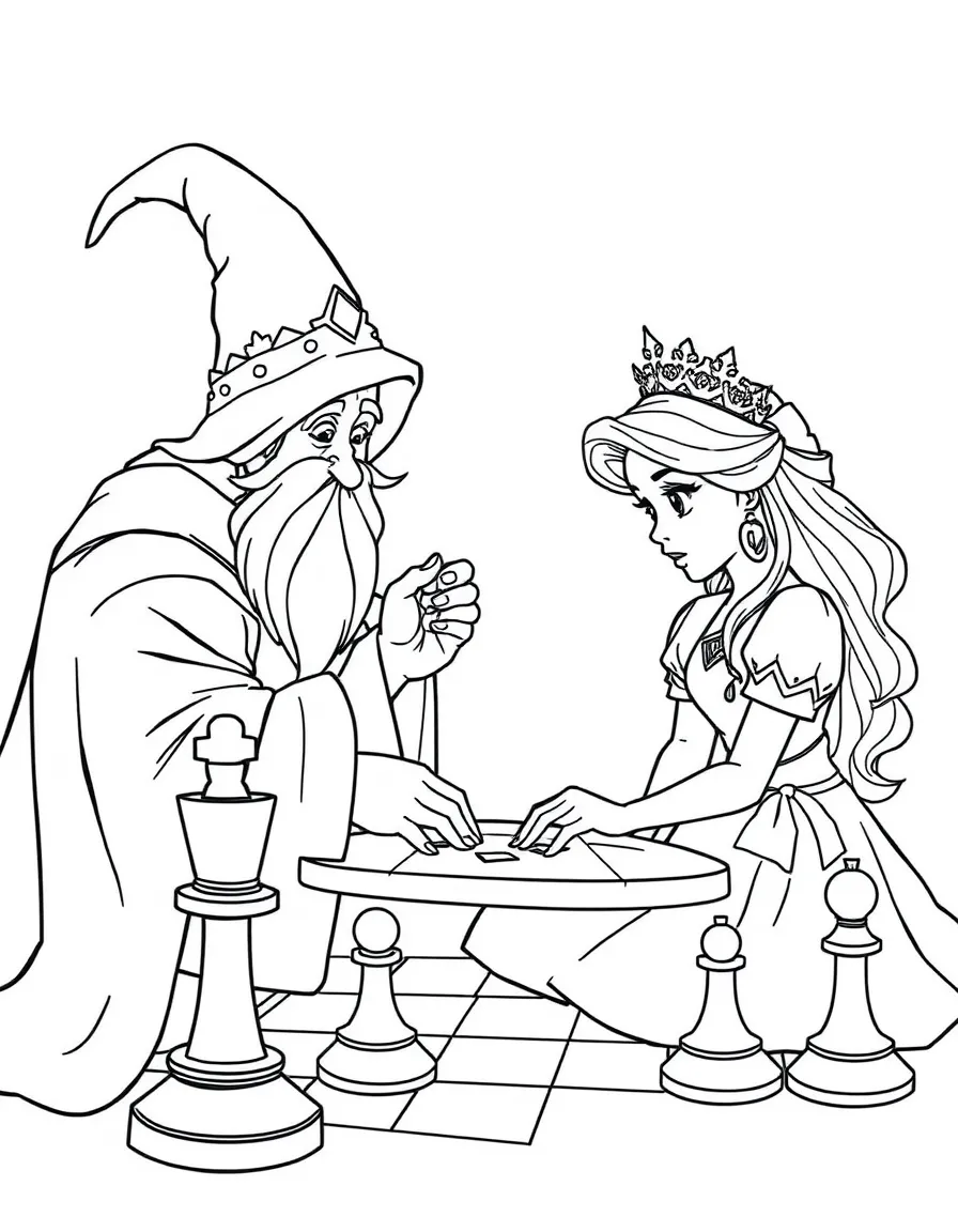 A princess playing chess with a wise old wizard.