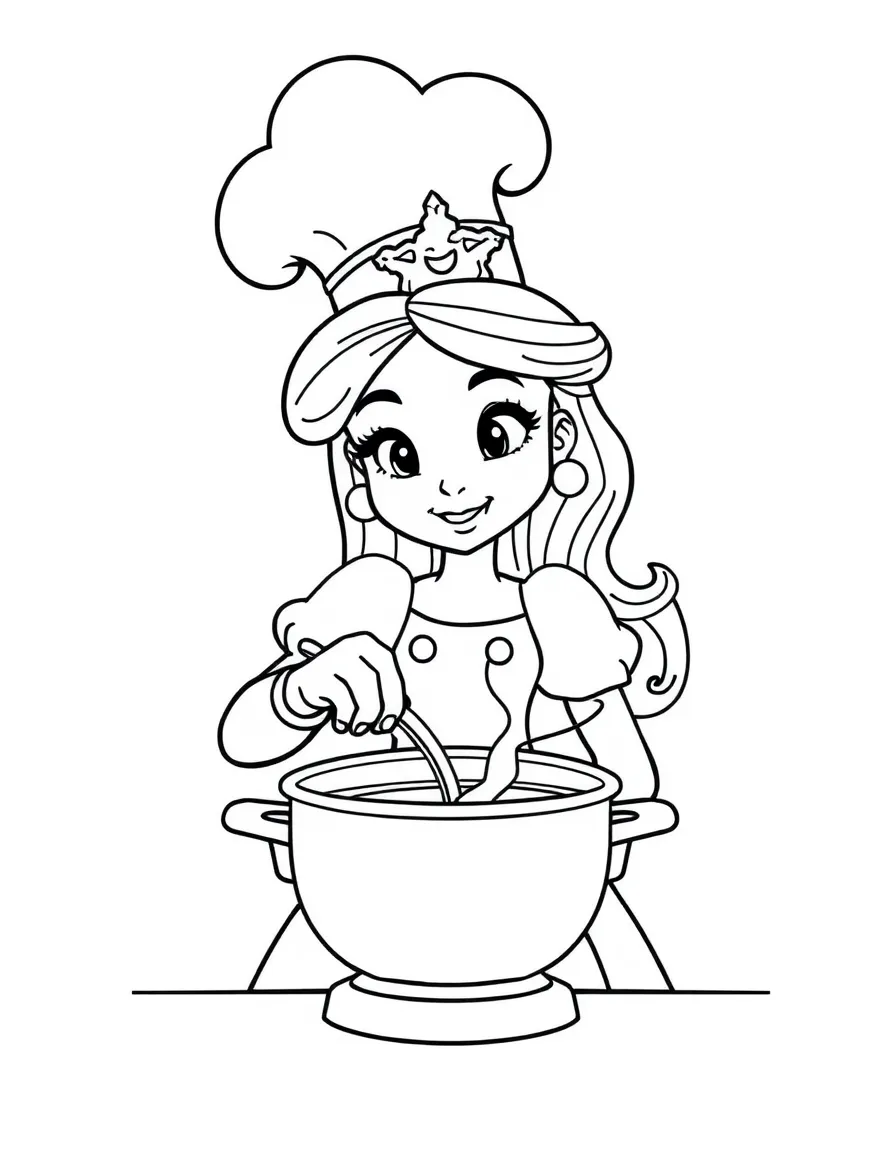 A princess in a chef's hat, stirring a pot of soup.