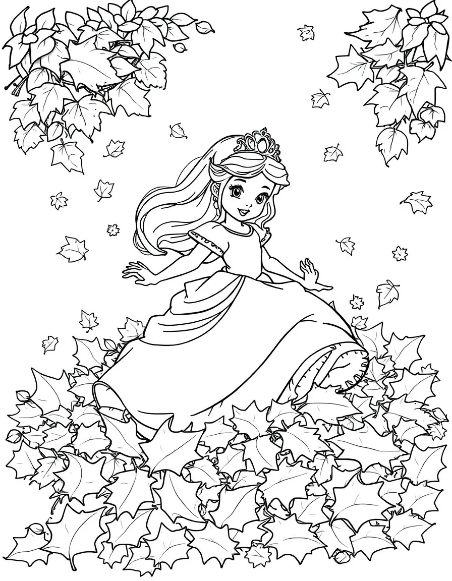 A princess playing in a pile of autumn leaves, kicking them up.