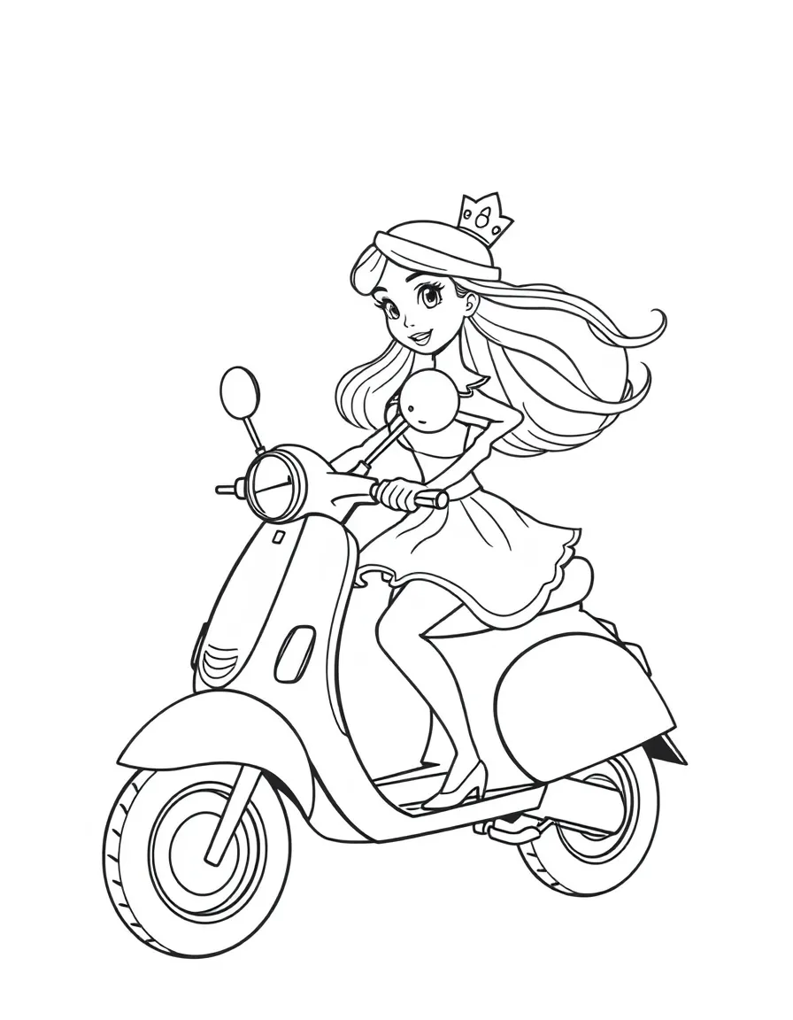 A princess riding a scooter, with her hair flowing behind her.