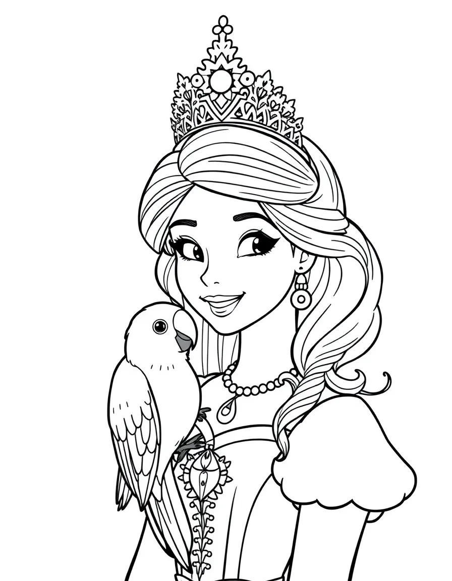 A princess with a pet parrot on her shoulder, squawking happily.