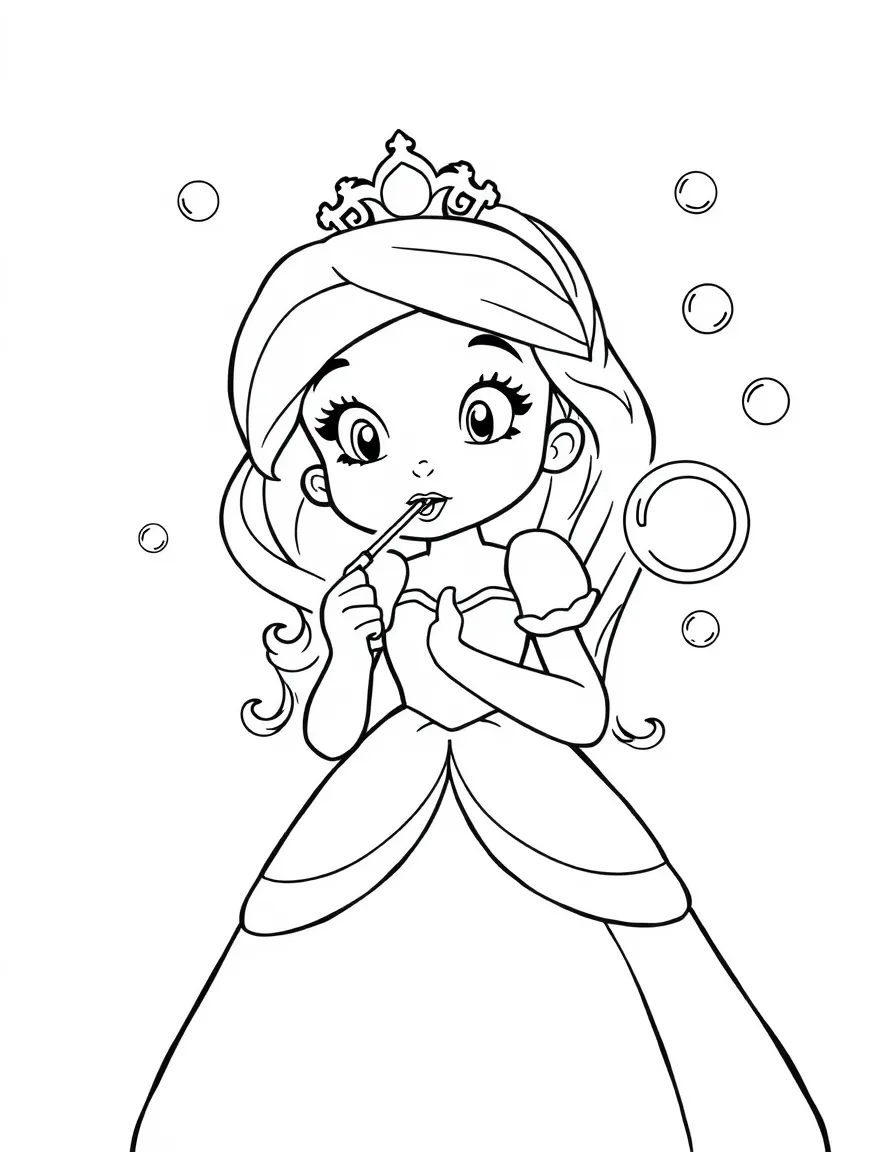 A princess blowing bubbles with a bubble wand.