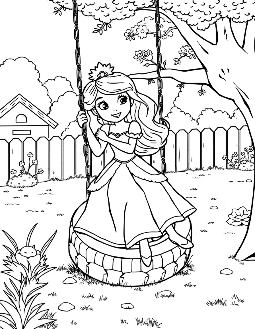 A princess swinging on a tire swing in a backyard.