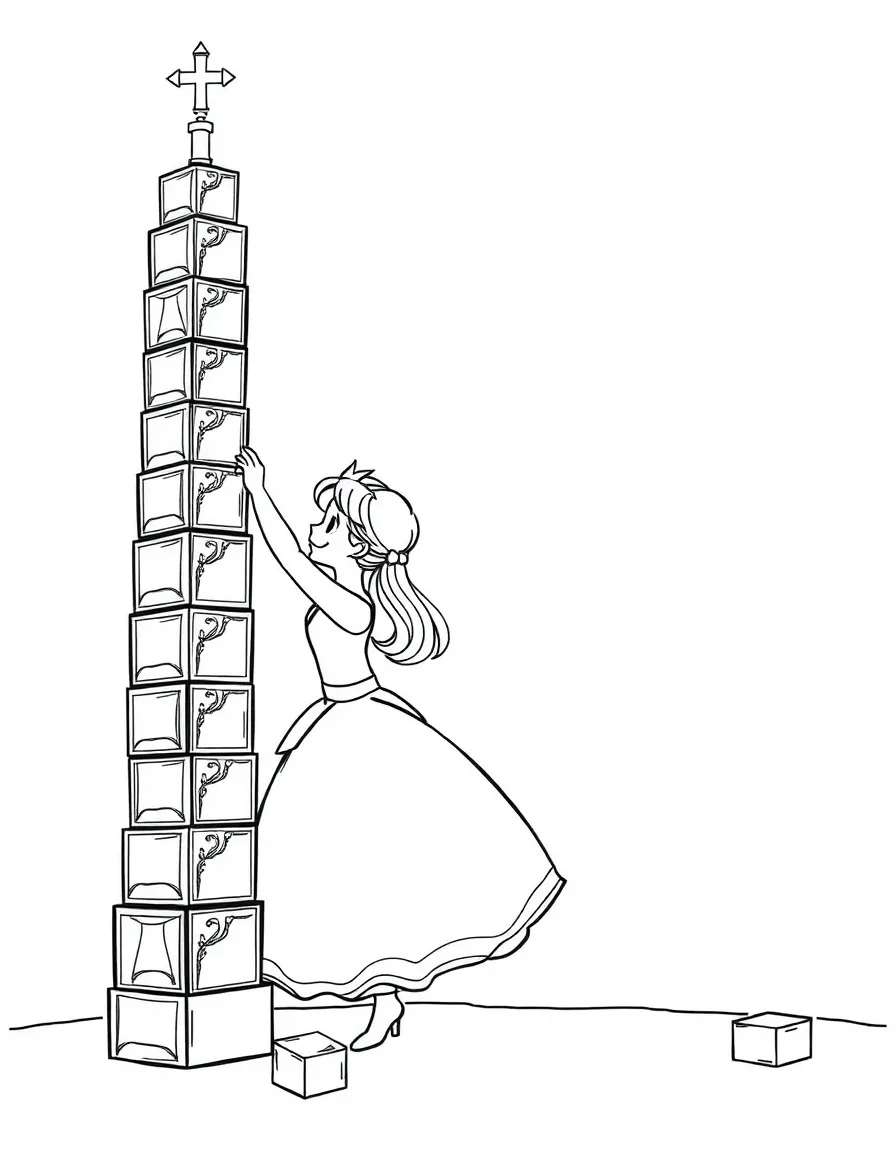 A princess building a tall tower out of colorful blocks.
