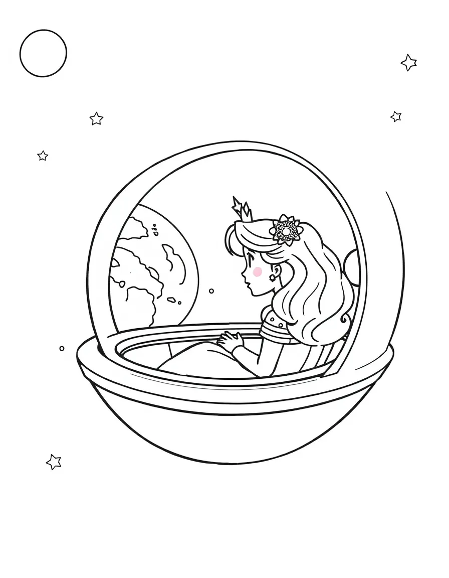 A princess in a spaceship, looking out at Earth.