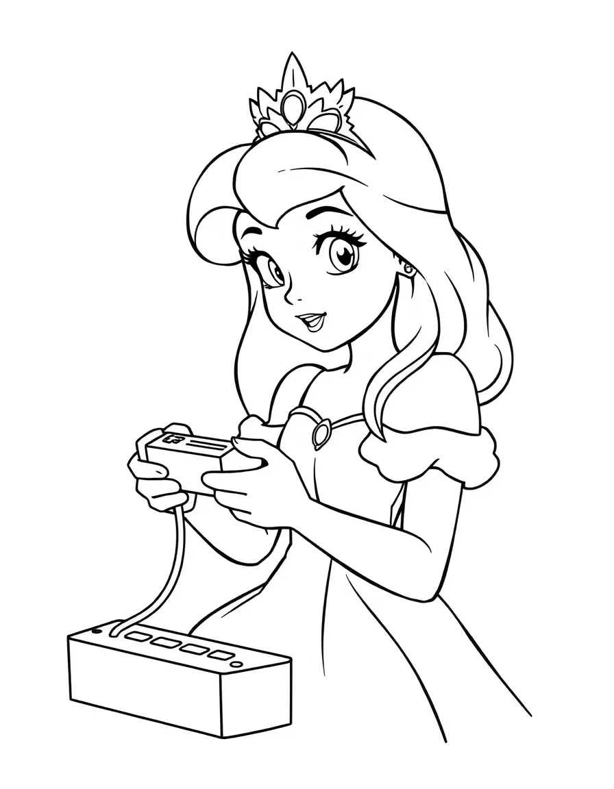 A princess playing a video game, with a controller in her hands.