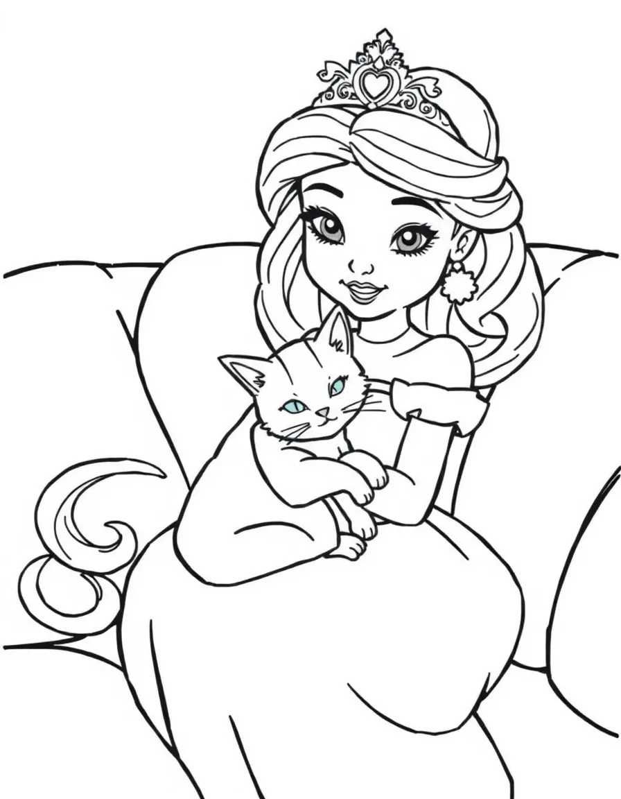 A princess with a pet cat, cuddling it on a sofa.