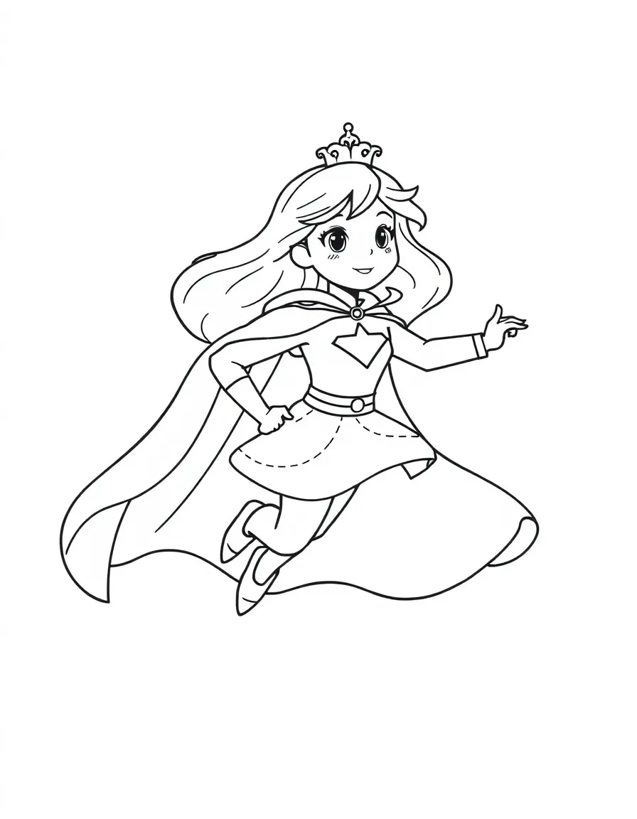A princess wearing a superhero cape, flying through the sky.