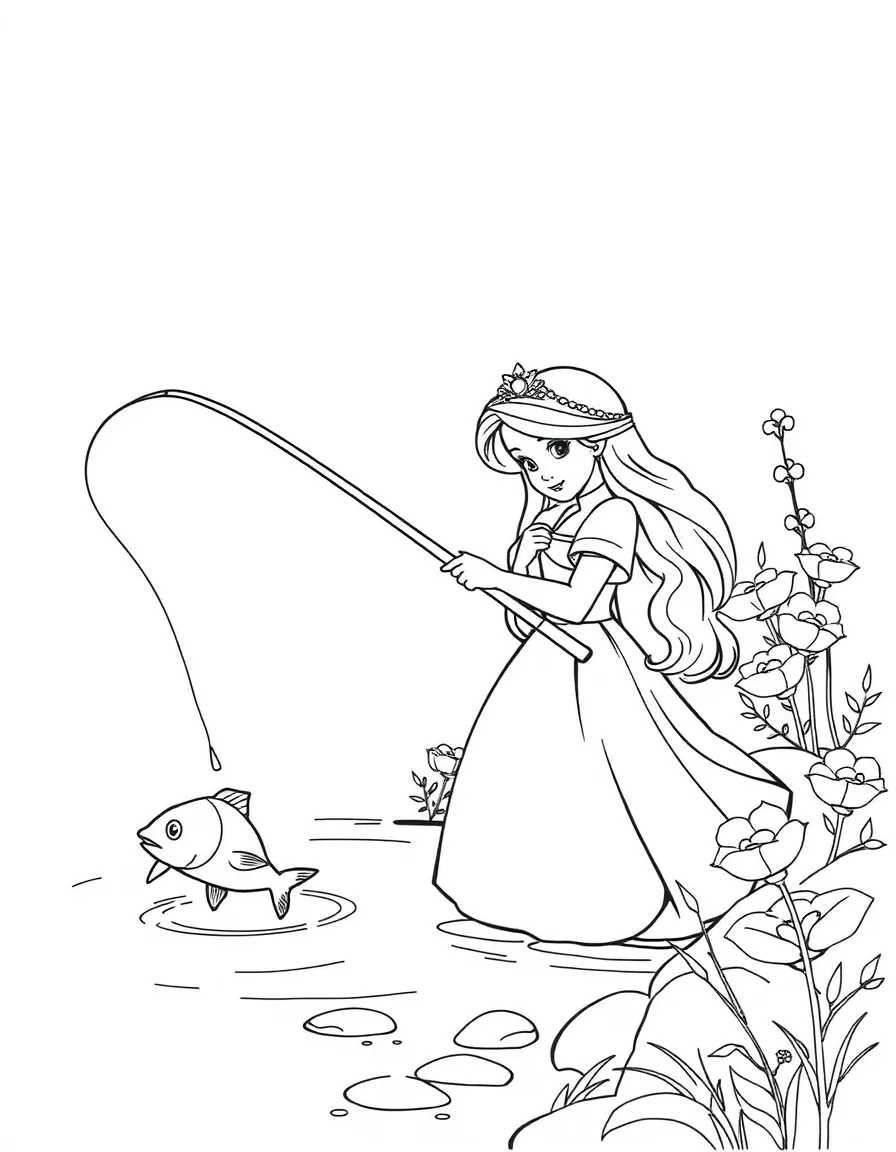 A princess with a fishing rod, catching a fish in a stream.