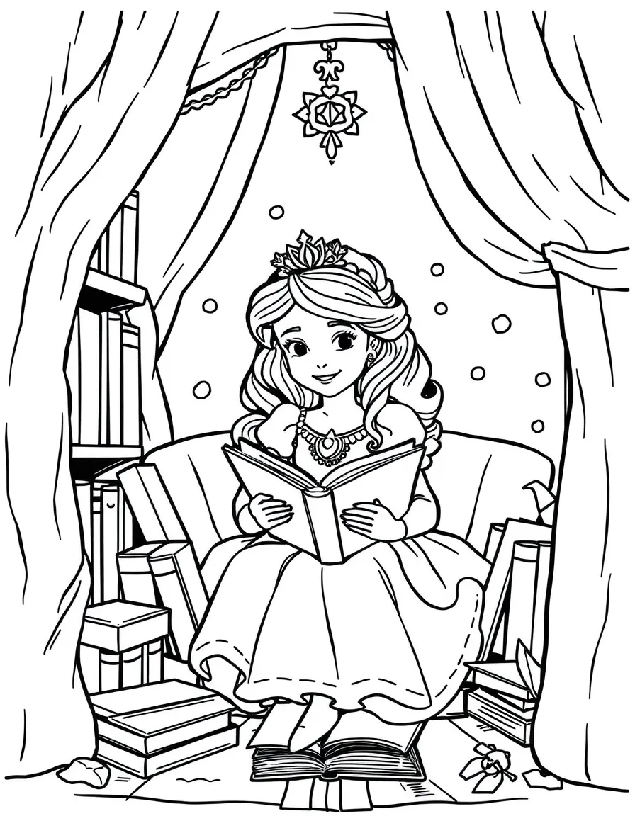 A princess in a cozy reading nook, surrounded by books.
