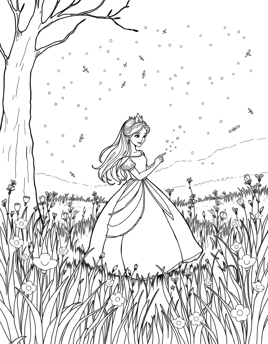 A princess surrounded by tiny, sparkling fireflies in a magical meadow at dusk.