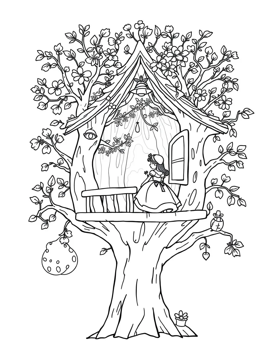 A princess in a whimsical treehouse, looking out at the forest canopy.