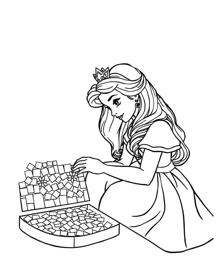 A princess creating a mosaic with colorful tiles, focused and artistic.