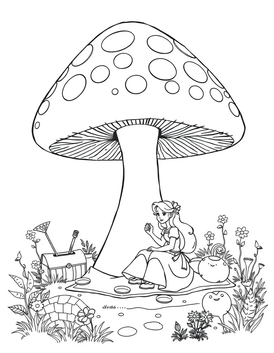 A princess having a picnic under a giant, magical mushroom.