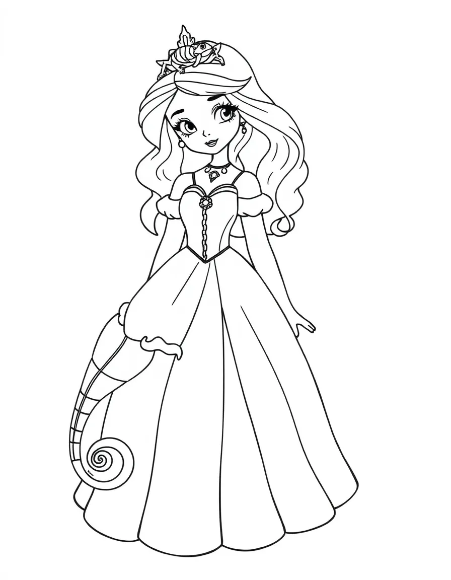 A princess with a pet chameleon, changing colors to match her dress.