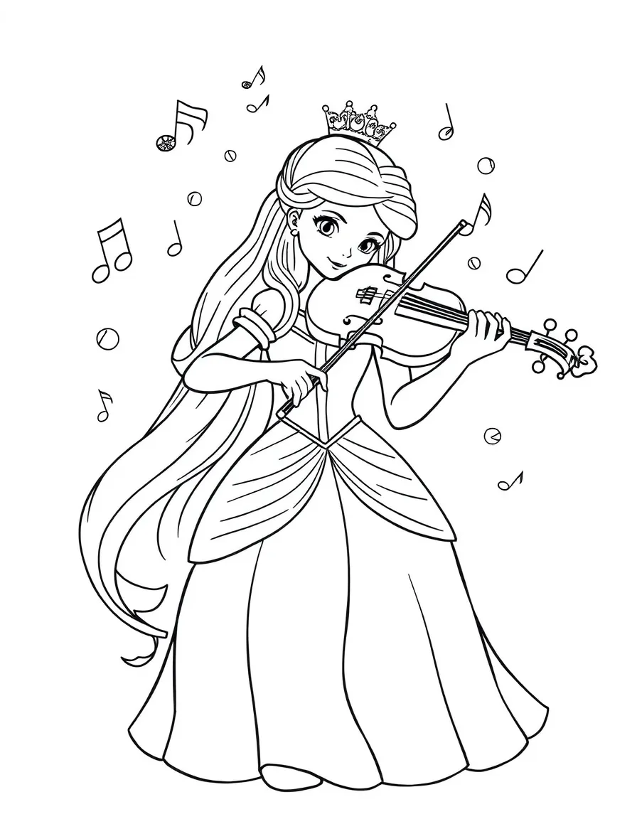 A princess playing a violin, with music notes swirling around her.