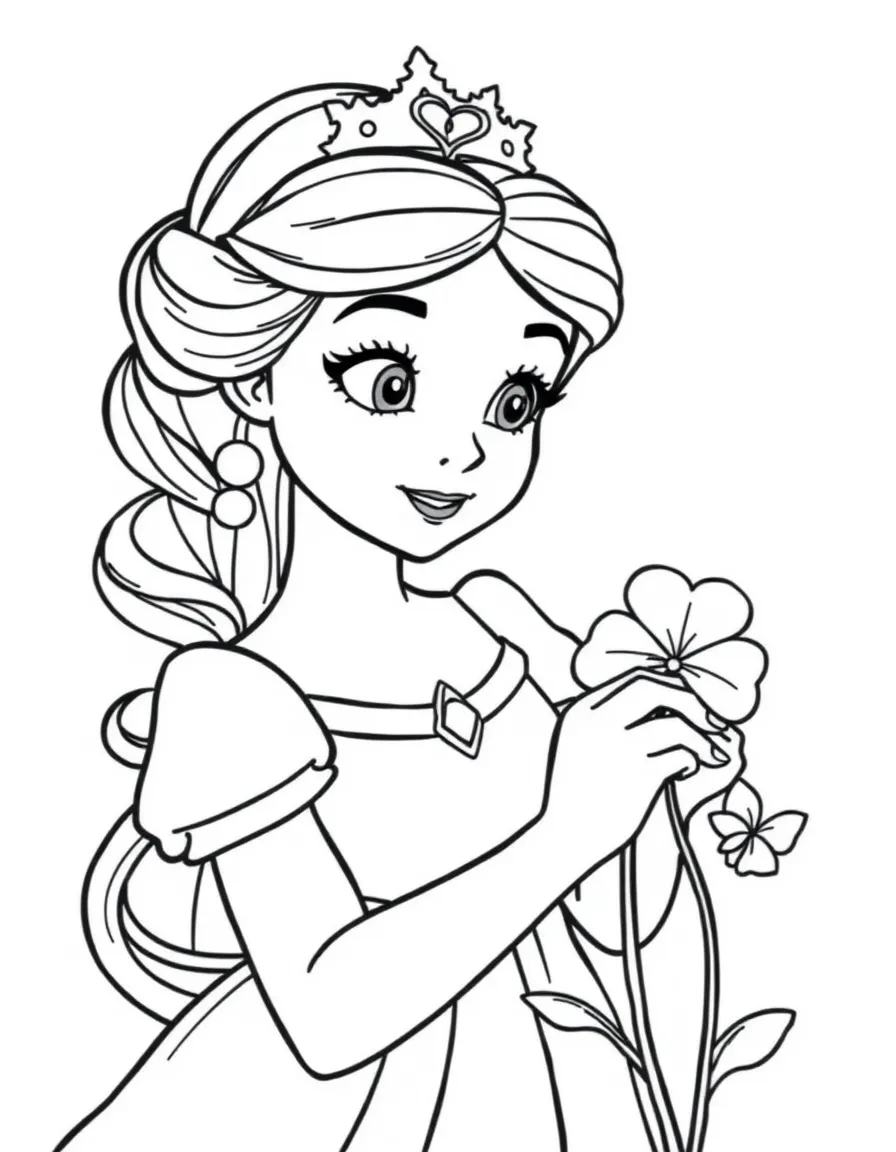 A princess making a wish on a four-leaf clover, looking hopeful.